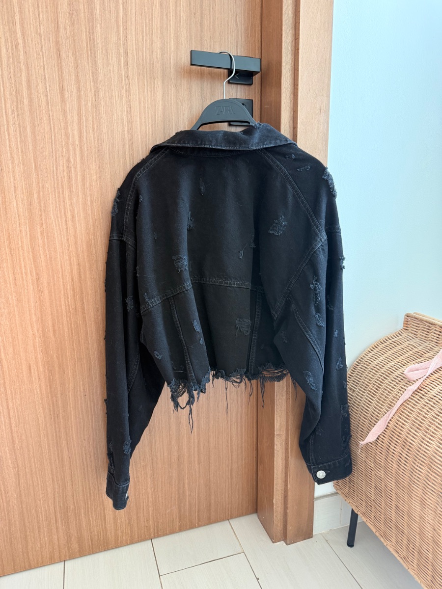 Zara Cropped Denim Jacket in Black with Distress Detail photo 2