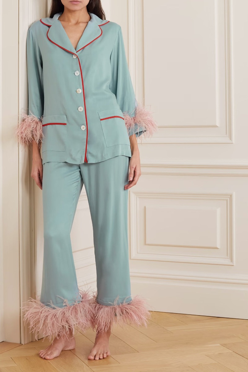Sleeper Light Blue Party Feather-trimmed Twill Pajama Set photo 2