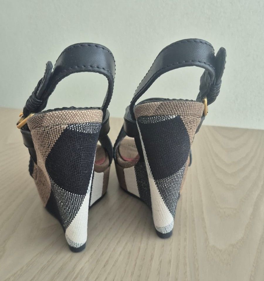 Burberry House Check Cross-Strap Wedge Sandals Black Leather and Canvas photo 2