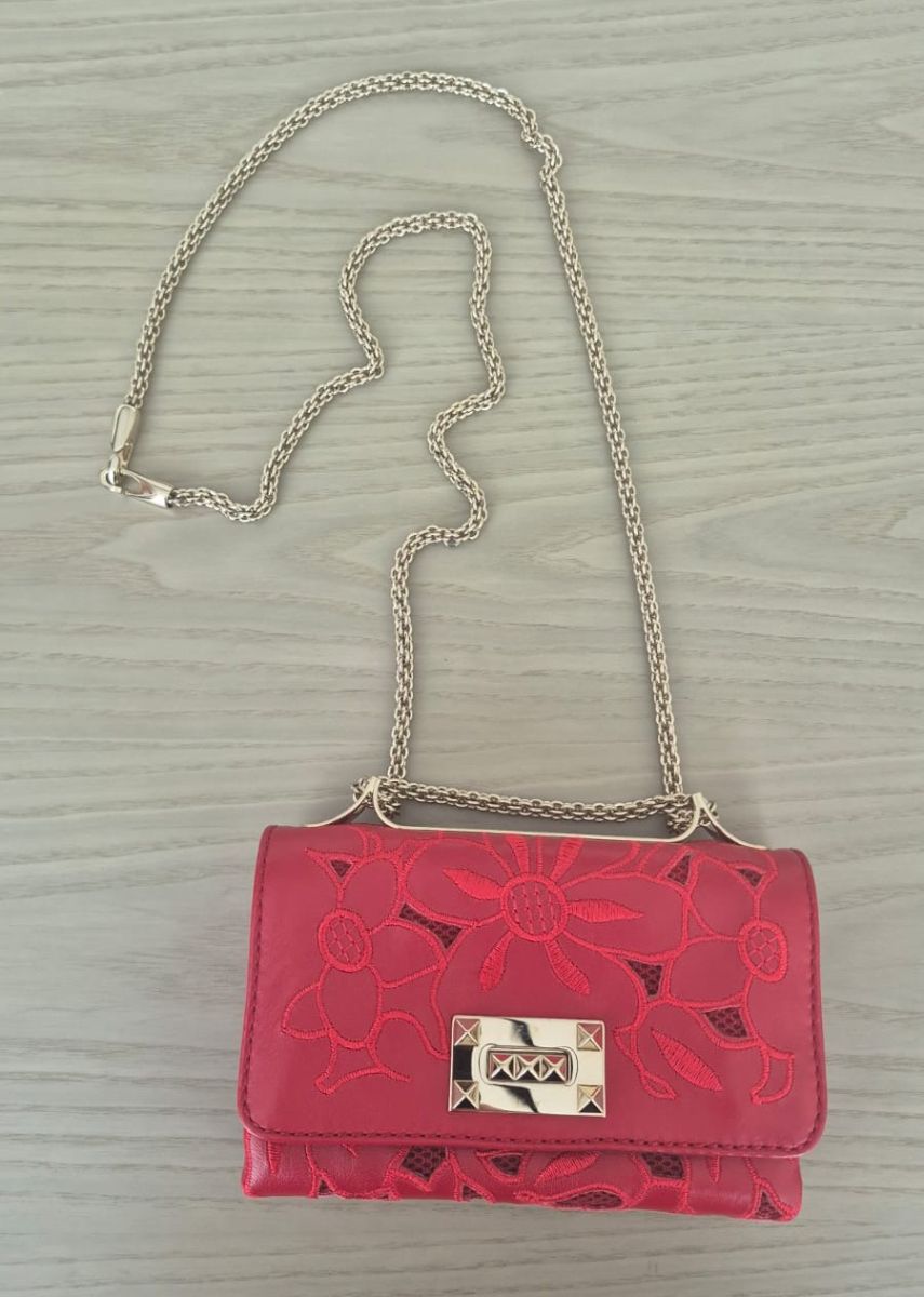 Valentino Glam Lock Cut-Out Chain Shoulder Bag Red