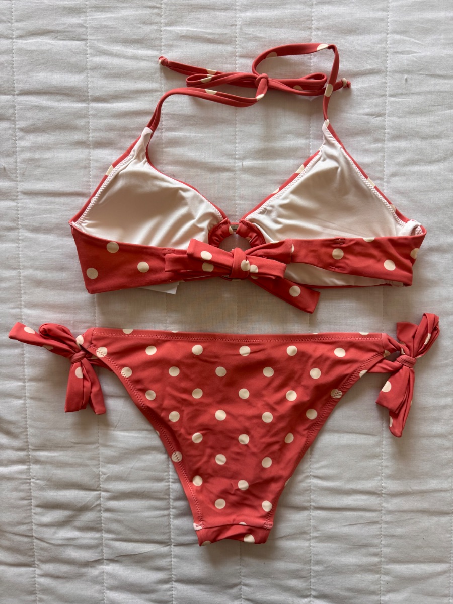 Ysabel Mora coral pink polka dot two-piece bikini set photo 2